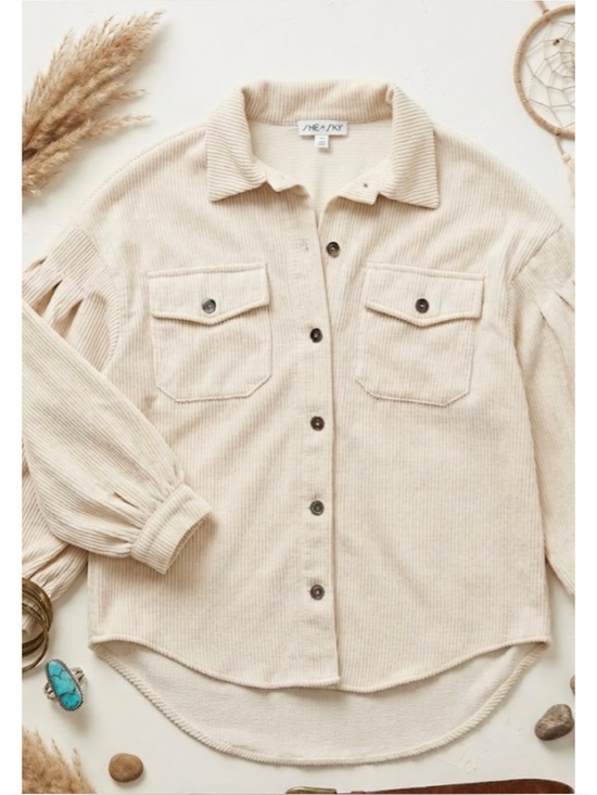 She + Sky Tops - She + Sky Bubble Sleeve Button Down Cream Corduroy Shacket